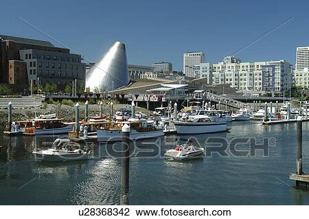 Stock Image -  Tacoma, WA, Washington, Puget Sound, Thea Foss Waterway, downtown, Museum of Glass, marina. Fotosearch