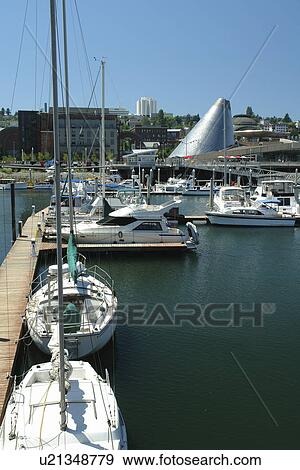 Stock Photo -  Tacoma, WA, Washington, Puget Sound, Thea Foss Waterway, downtown, Museum of Glass, marina. Fotosearch