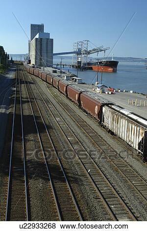 Stock Photo -  Tacoma, WA, Washington, Puget Sound, Commencement Bay, Tacoma Harbor, grain elevator, freighter, train, railroad, tracks. Fotosearch