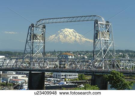 Tacoma, WA, Washington, Puget Sound, Commencement Bay, Tacoma Harbor, Murray Morgan Bridge, Mount Rainier View Large Photo Image Stock Photo - Tacoma, WA, Washington, Puget Sound, Commencement Bay, Tacoma Harbor, Murray Morgan Bridge, Mount Rainier. Fotosearch