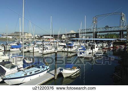 Stock Photograph -  Tacoma, WA, Washington, Puget Sound, Commencement Bay, Tacoma Harbor, Murray Morgan Bridge. Fotosearch