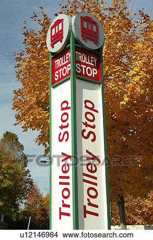Picture -  TN, Tennessee, Trolley Stop, bus stop, road sign. Fotosearch