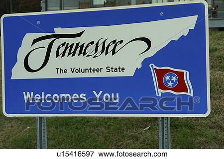 Stock Photo -  TN, Tennessee, Welcome sign, Tennessee The Volunteer State, stateline. Fotosearch