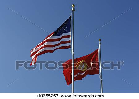Stock Photo -  Triangle, VA, Virginia, Quantico, Washington DC, National Museum of the Marine Corps, US and Marine Corps Flags. Fotosearch