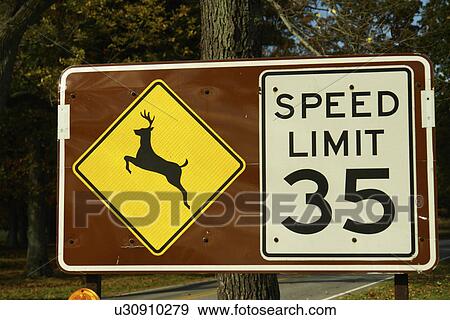 Stock Photo -  Valley Forge National Historic Park, PA, Pennsylvania, Deer Crossing Sign, Speed Limit 35, road sign. Fotosearch