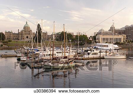 Picture -  Victoria, British Columbia, Canada, Vancouver Island, Inner Harbour, Parliament Buildings, waterfront, marina . Fotosearch