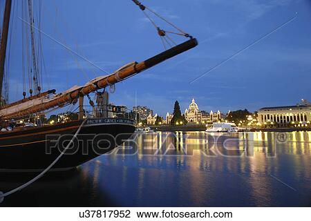 Stock Image -  Victoria, British Columbia, Canada, Vancouver Island, Inner Harbour, waterfront, tall ship, Pacific Grace, evening. Fotosearch