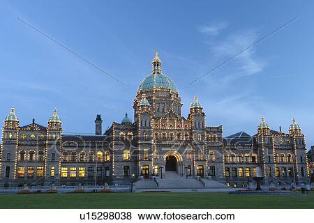 Stock Photo -  Victoria, British Columbia, Canada, Vancouver Island, Inner Harbour, Parliament Buildings, evening. Fotosearch