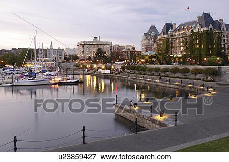 Victoria, British Columbia, Canada, Vancouver Island, Inner Harbour, The Empress Hotel, waterfront, marina, evening View Large Photo Image Stock Photo - Victoria, British Columbia, Canada, Vancouver Island, Inner Harbour, The Empress Hotel, waterfront, marina, evening. Fotosearch