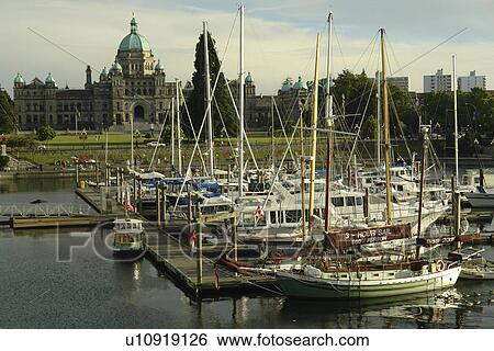 Stock Photograph -  Victoria, British Columbia, Canada, Vancouver Island, Inner Harbour, Parliament Buildings, waterfront, marina . Fotosearch