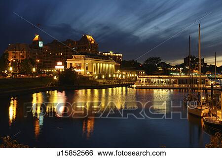 Stock Photograph -  Victoria, British Columbia, Canada, Vancouver Island, Inner Harbour, waterfront, Undersea Gardens, Royal London Wax Museum, evening. Fotosearch