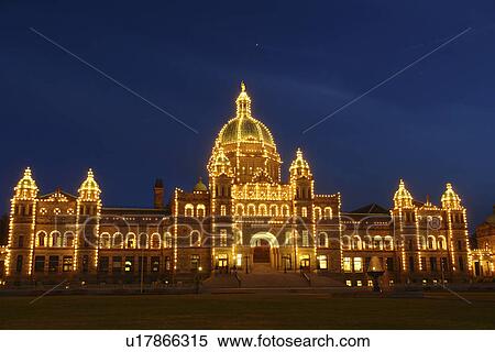 Stock Photography -  Victoria, British Columbia, Canada, Vancouver Island, Inner Harbour, Parliament Buildings, evening. Fotosearch