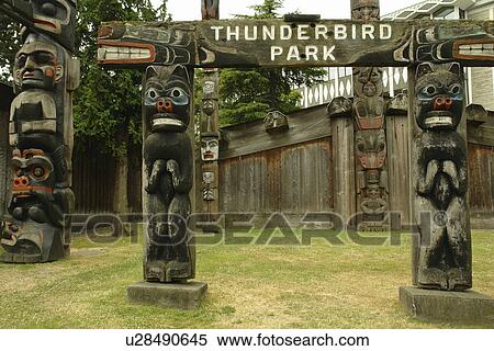 Stock Photography -  Victoria, British Columbia, Canada, Vancouver Island, Thunderbird Park, totem pole, carved by Kwakwaka'wakw artist Mungo Martin. Fotosearch