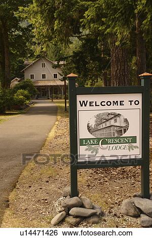 WA, Washington, Olympic Peninsula, Olympic National Park, Lake Crescent Lodge, Welcome sign View Large Photo Image Stock Photograph - WA, Washington, Olympic Peninsula, Olympic National Park, Lake Crescent Lodge, Welcome sign. Fotosearch