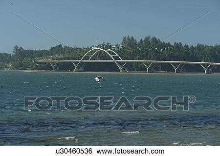 Stock Photograph -  Waldport, OR, Oregon, Pacific Ocean, Pacific Coast Scenic Byway, Rt Route, Highway 101, Alsea River, Alsea Bay Bridge. Fotosearch