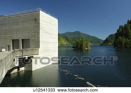 Stock Image -  Willamette National Forest, OR, Oregon, Cascade Range, West Cascades Scenic Byway, Cougar Dam, reservoir, lake. Fotosearch