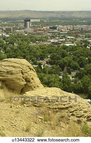 Stock Image -  Billings, MT, Montana, aerial, downtown, Rimrock, Chief Black Otter Trail. Fotosearch