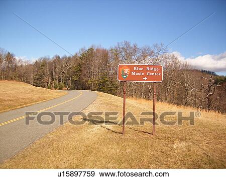 Stock Photo -  Blue Ridge Music Center road sign, milepost 213, Blue Ridge Parkway, Galax, Virginia, VA. Fotosearch