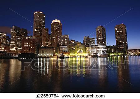 Picture -  Boston, MA, Massachusetts, Downtown, skyline, evening, harbor. Fotosearch
