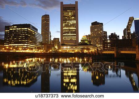 Stock Image -  Boston, MA, Massachusetts, Downtown, skyline, Fort Point Channel, evening. Fotosearch