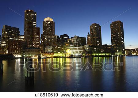 Stock Photo -  Boston, MA, Massachusetts, Downtown, skyline, evening, harbor. Fotosearch