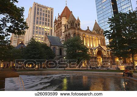 Stock Photo -  Boston, MA, Massachusetts, Downtown, Trinity Church, skyline, evening, fountain. Fotosearch