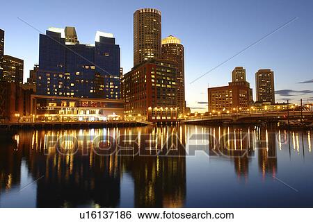 Stock Photograph -  Boston, MA, Massachusetts, Downtown, skyline, Fort Point Channel, evening. Fotosearch