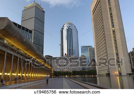 Stock Photograph -  Boston, MA, Massachusetts, Downtown, skyline, Prudential Center, evening. Fotosearch