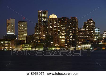 Stock Photography -  Boston, MA, Massachusetts, Downtown Skyline, evening. Fotosearch