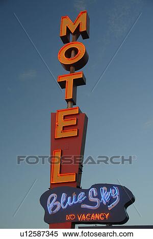 Bozeman, MT, Montana, Blue Sky Motel, sign, neon lights, evening, no vacancy View Large Photo Image Stock Photography - Bozeman, MT, Montana, Blue Sky Motel, sign, neon lights, evening, no vacancy. Fotosearch
