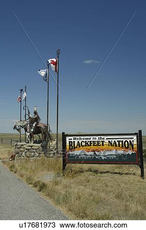 Stock Image -  Browning, MT, Montana, Rocky Mountains, Blackfeet Indian Reservation, Welcome to Blackfeet Nation, entrance sign. Fotosearch