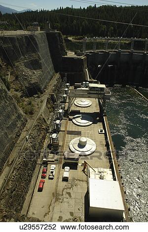 Stock Image -  Clark Fork, ID, Idaho, Cabinet Gorge Dam, hydroelectric development, Clark Fork River. Fotosearch