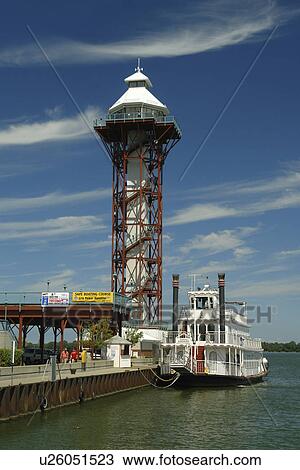 Stock Image -  Erie, PA, Pennsylvania, Lake Erie, Bayfront, Bicentennial Tower, Paddlewheeler Boat. Fotosearch