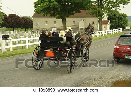 Stock Image -  Gap, PA, Pennsylvania, Pennsylvania Dutch Country, Amish, horse and open buggy, road. Fotosearch