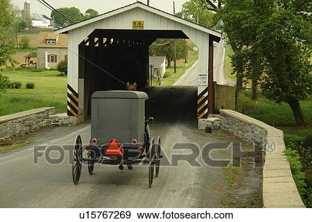 Stock Photo -  Gap, PA, Pennsylvania, Pennsylvania Dutch Country, Amish, horse and buggy, road, covered bridge. Fotosearch
