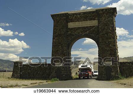 Gardiner, MT, Montana, Yellowstone National Park, Historic North Entrance View Large Photo Image Picture - Gardiner, MT, Montana, Yellowstone National Park, Historic North Entrance . Fotosearch
