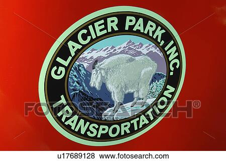 Stock Photo -  Glacier National Park, MT, Montana, Rocky Mountains, red jammer tour bus, logo. Fotosearch