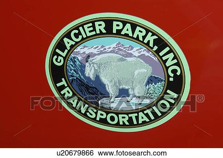 Stock Photograph -  Glacier National Park, MT, Montana, Rocky Mountains, red jammer tour bus, logo. Fotosearch