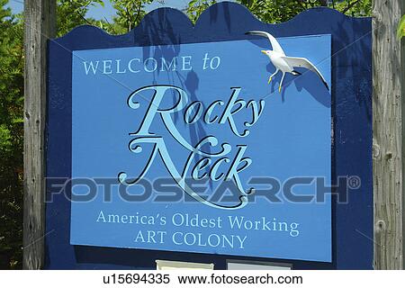 Stock Photography -  Gloucester, MA, Massachusetts, Cape Ann, Rocky Neck, America's Oldest Working Art Colony, welcome sign. Fotosearch
