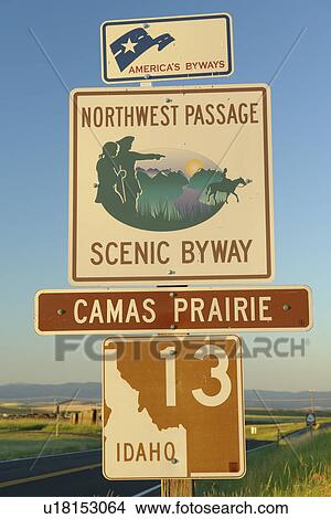 Grangeville, ID, Idaho, Camas Prairie, Northwest Passage Scenic Byway, Route 13, road sign View Large Photo Image Picture - Grangeville, ID, Idaho, Camas Prairie, Northwest Passage Scenic Byway, Route 13, road sign. Fotosearch