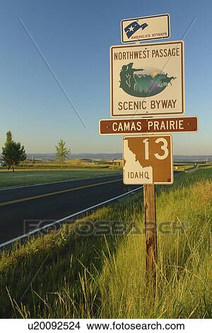 Picture -  Grangeville, ID, Idaho, Camas Prairie, Northwest Passage Scenic Byway, Route 13, road sign. Fotosearch