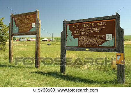 Stock Image -  Grangeville, ID, Idaho, Camas Prairie, Nez Perce National Historic Trail, interpretive signs, historical markers. Fotosearch