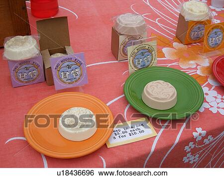 Stock Photograph -  hand-made soap, Two Muddy Kids, Saturday Farmers Market, Montpelier, VT, Vermont. Fotosearch