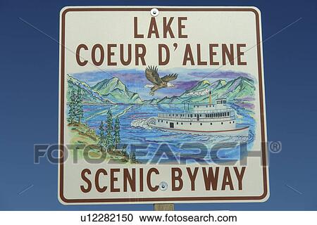 Stock Image -  ID, Idaho, Lake Coeur D' Alene Scenic Byway, road sign. Fotosearch