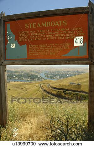 Stock Image -  Lewiston, ID, Idaho, Snake and Clearwater Rivers, Steamboats, interpretive sign, historical marker. Fotosearch
