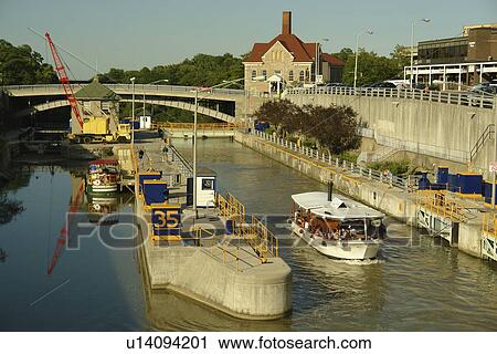 Stock Image -  Lockport, NY, New York, Erie Canal, Locks and Erie Canal Cruises. Fotosearch