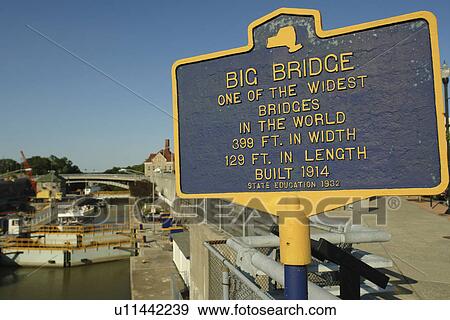 Stock Photo -  Lockport, NY, New York, Erie Canal, locks, Big Bridge historical marker, sign. Fotosearch