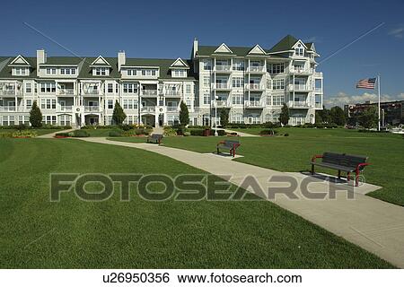 Stock Photograph -  Ludington, MI, Michigan, Lake Michigan, waterfront, condominiums. Fotosearch