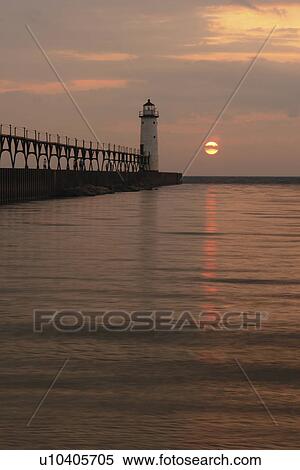 Manistee, MI, Michigan, Lake Michigan, North Pierhead Lighthouse, sunset View Large Photo Image Stock Photography - Manistee, MI, Michigan, Lake Michigan, North Pierhead Lighthouse, sunset. Fotosearch