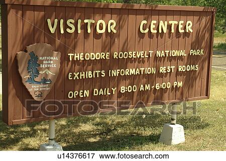Stock Photo -  Medora, ND, North Dakota, Theodore Roosevelt National Park, South Unit, Visitor Center, sign. Fotosearch